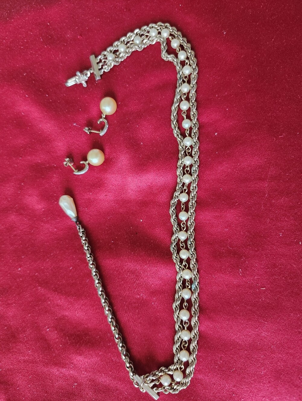 Pearl Accent Multi-Chain Necklace and Earrings Set - White Pearls